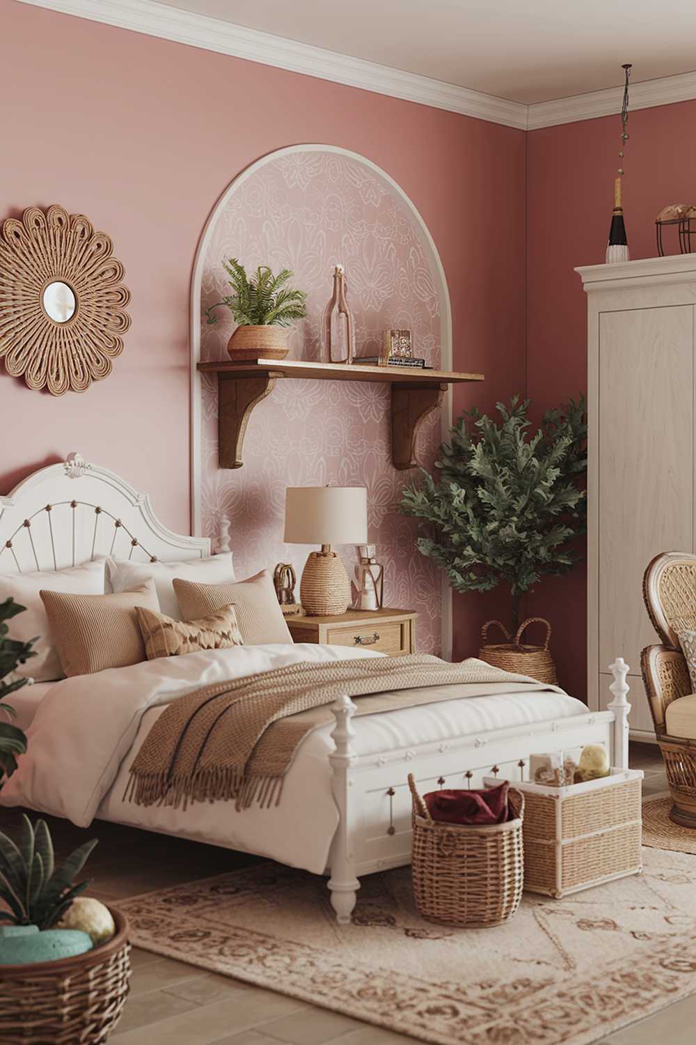 A boho bedroom decor with a white bed frame and a beige area rug. The room has a pink wall with a decorative pattern. There's a wooden shelf near the bed with a lamp, a plant, and a decorative item. The room also has a white cabinet, a wicker basket, and a beige chair. The floor has a beige area rug. There's a plant near the chair. The room has a warm and cozy ambiance.