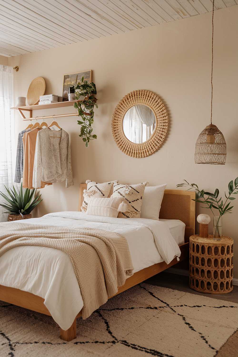 A boho bedroom decor. The room has a beige wall, a wooden ceiling, and a rug on the floor. There's a bed with a white sheet and a beige blanket. The bed has a wooden frame and is placed on a beige rug. The room has a few decorative pillows, a lamp, and a plant. The wall has a wooden shelf with a few items. The room has a few items of clothing hung from a wooden rod.