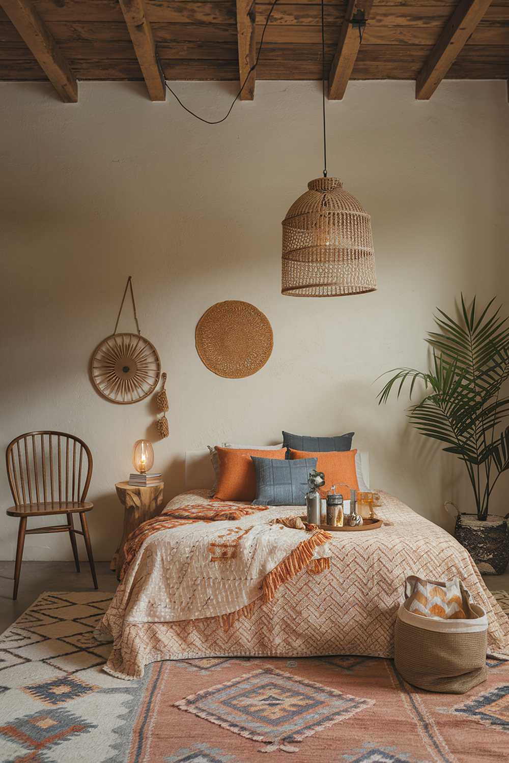 The room has a beige wall, a wooden ceiling, and a patterned rug on the floor. There is a wooden chair, a vintage lamp, and a potted plant in the corner. The bed has a white frame and is covered with a patterned beige and orange blanket. There are orange and blue pillows on the bed. The room has a few decorative items, including a wooden ornament and a beige basket. The lighting is soft.