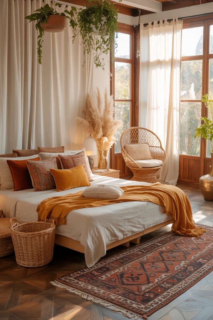 Boho bedroom with low platform bed, patterned throw pillows, vintage Persian rug, and hanging plants