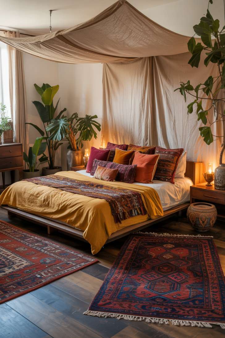 Spacious boho bedroom featuring platform bed with cream canopy, overlapping Persian rugs, and fiddle leaf fig