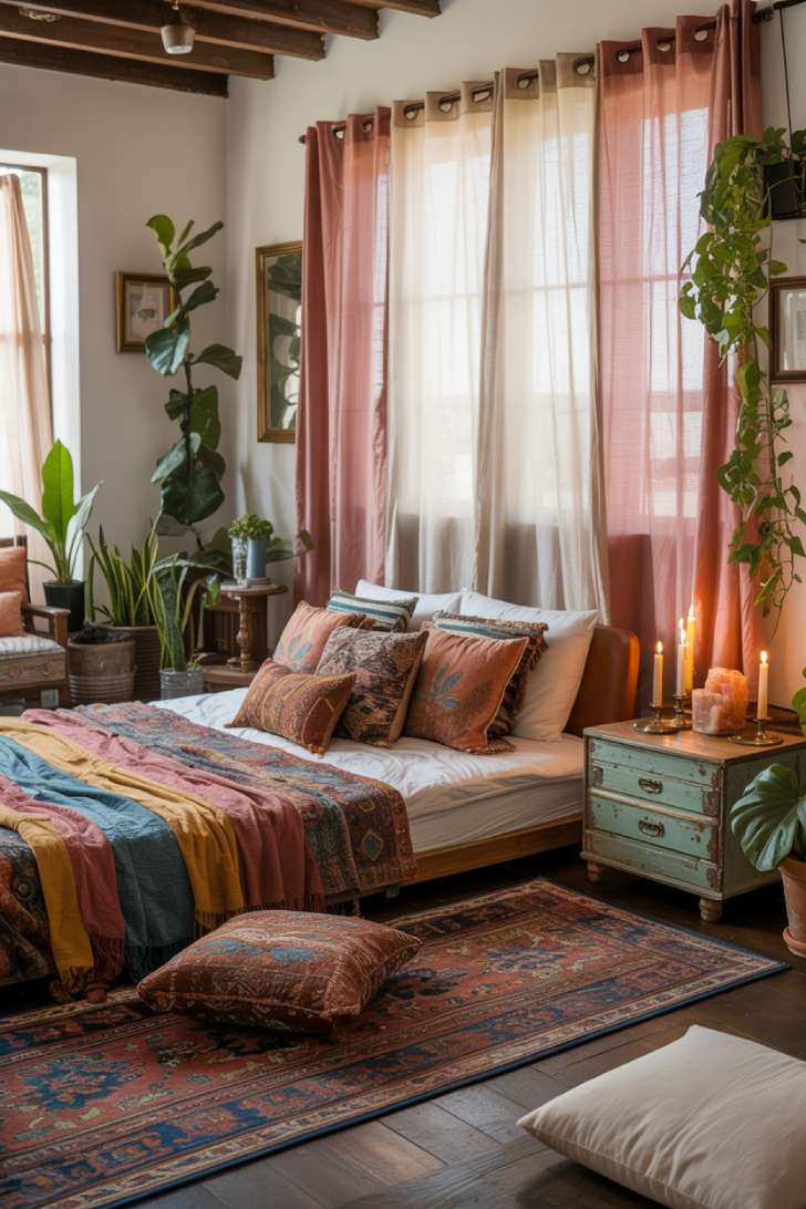 Boho chic bedroom with exposed ceiling beams, Persian rug, and floor cushions