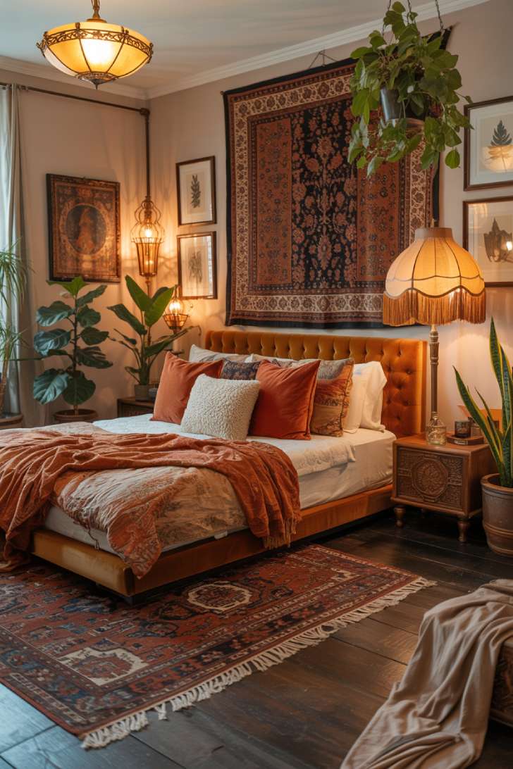 Complete boho bedroom with tufted velvet headboard, brass pendant lights, and cozy rattan reading chair