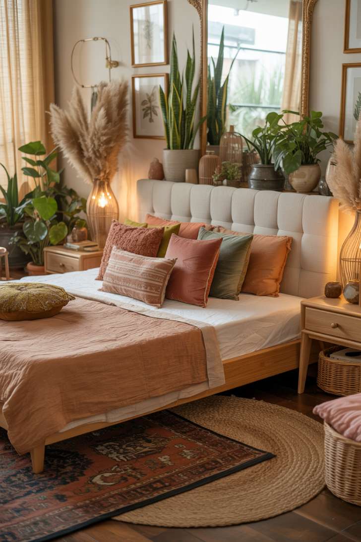 Boho bedroom with botanical print gallery wall, ornate brass-framed mirrors, and jute rugs