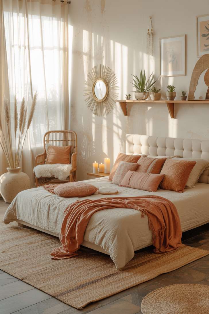 Boho bedroom with vintage brass sunburst mirror, reading nook with rattan chair, and floating shelves