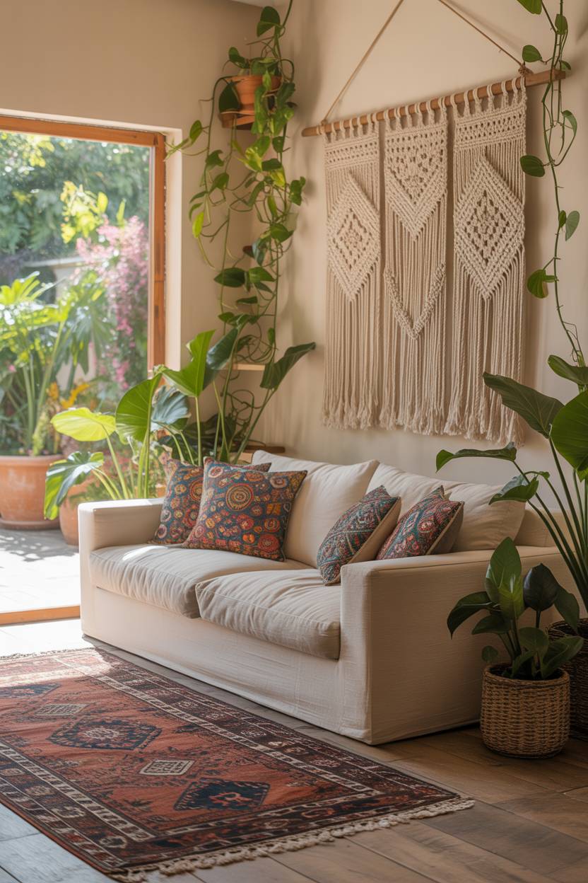 27 Boho Chic Living Room Ideas to Transform Your Space 1 Boho chic living room featuring cream sofa with colorful pillows and macrame wall art