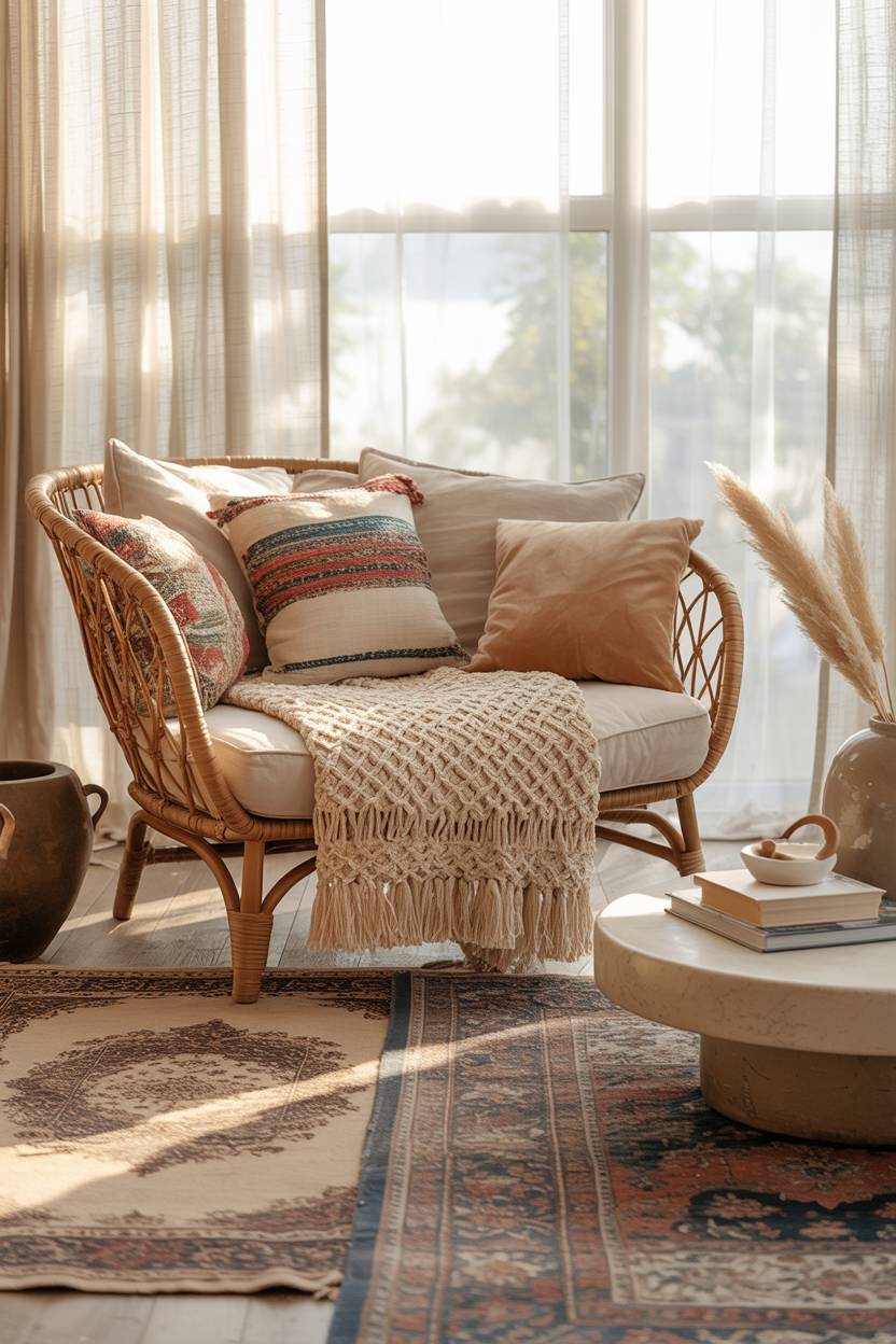 27 Boho Chic Living Room Ideas to Transform Your Space 2 Comfortable rattan armchair with macrame throw and vintage Persian rugs