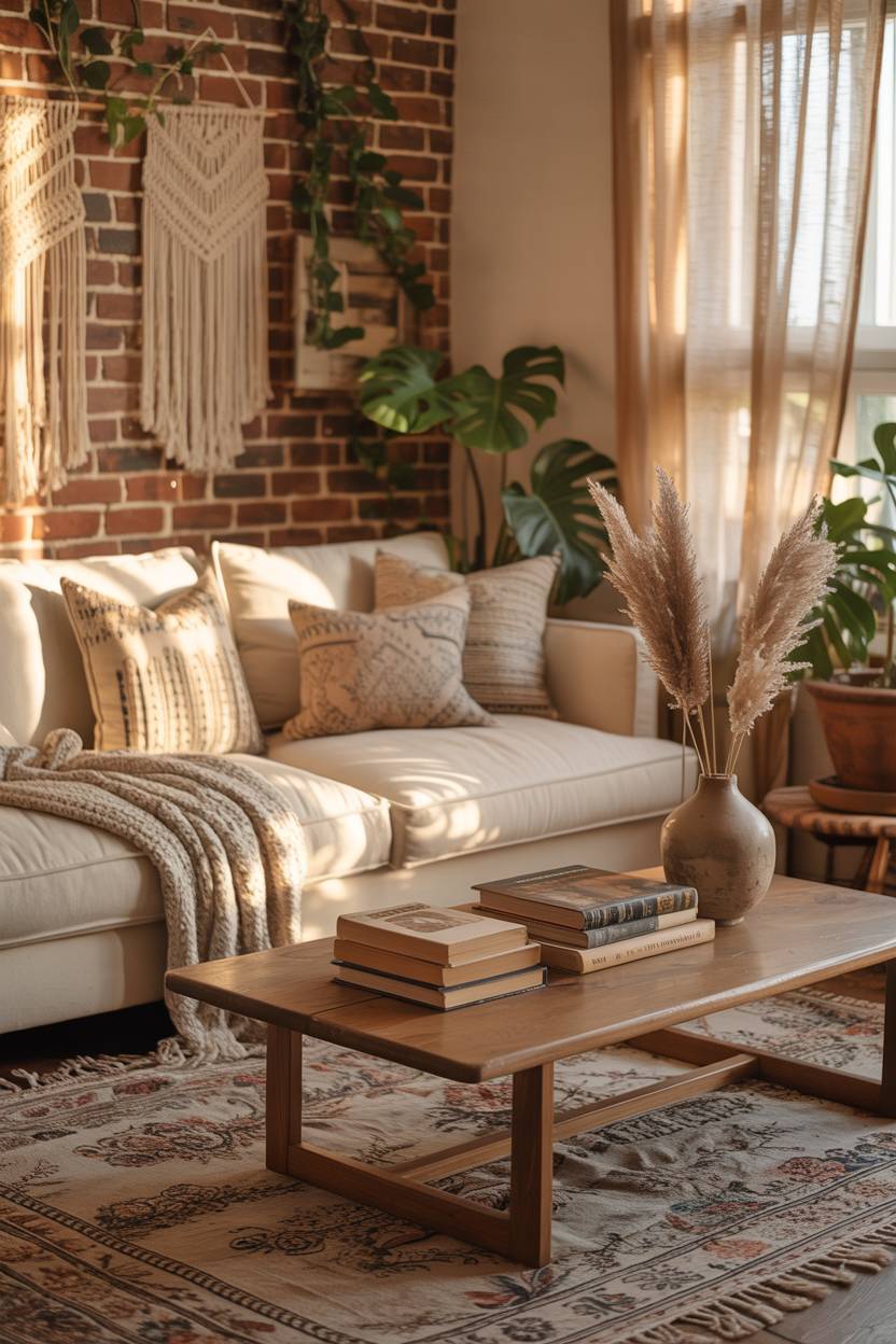 27 Boho Chic Living Room Ideas to Transform Your Space 3 Cream sofa against exposed brick wall with macrame hangings and plants