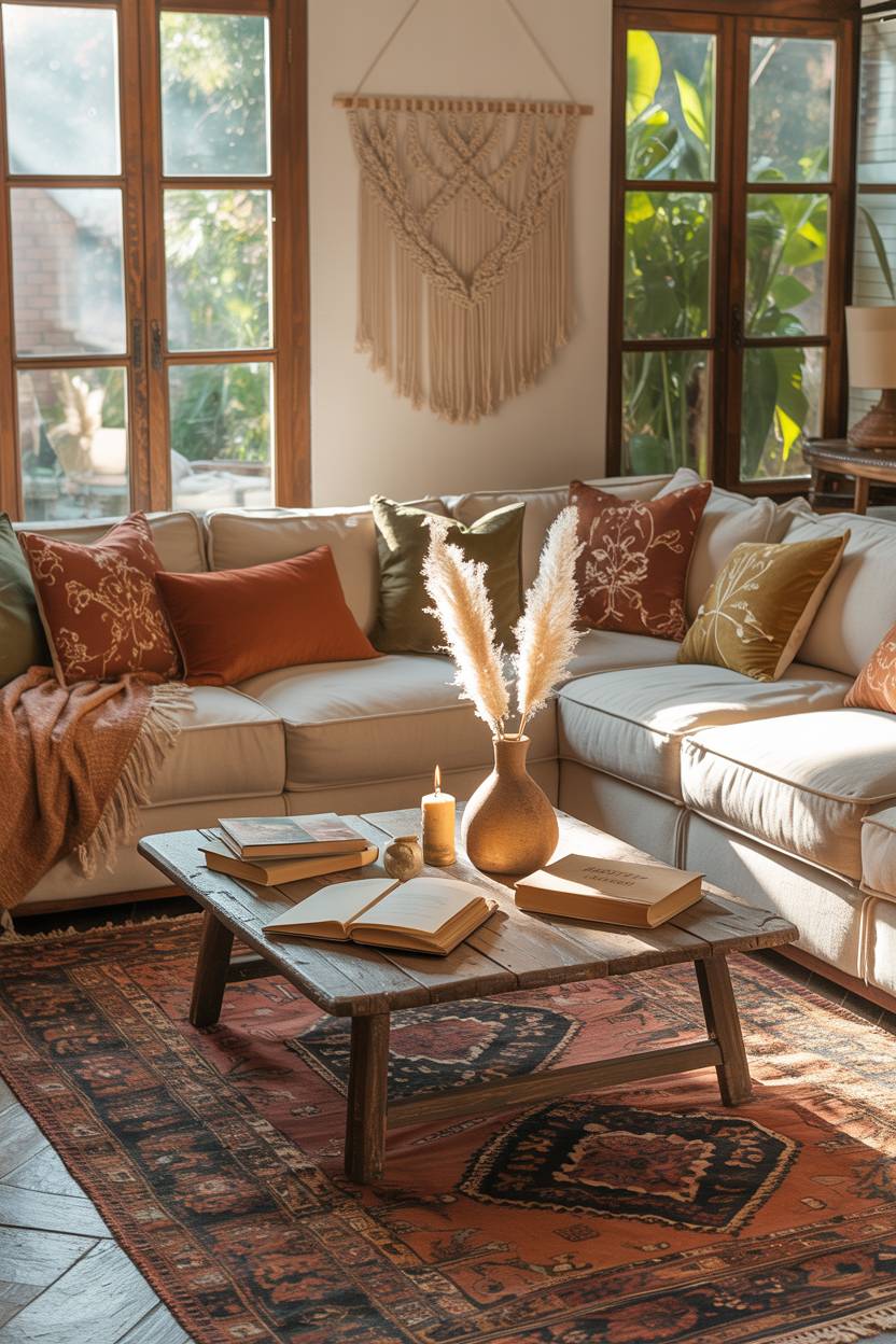 27 Boho Chic Living Room Ideas to Transform Your Space 4 Sectional sofa with terracotta and olive green pillows near large windows