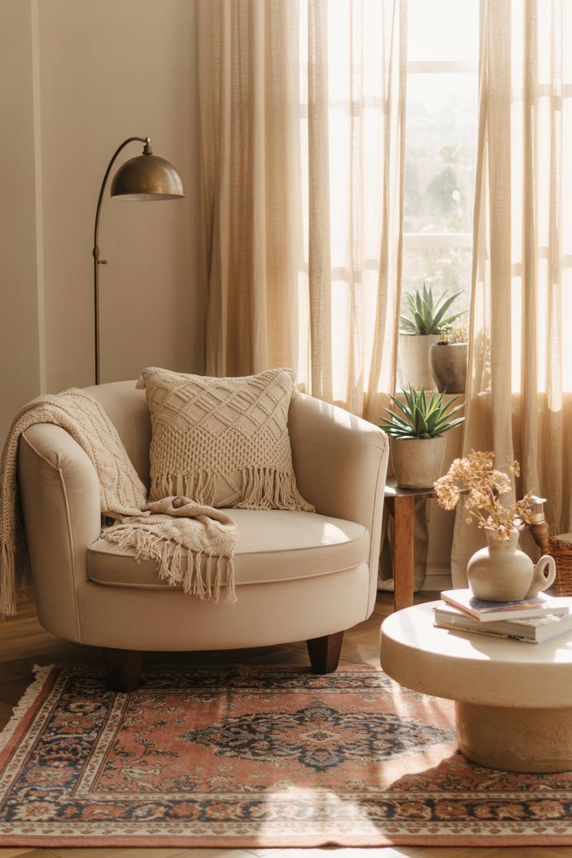 27 Boho Chic Living Room Ideas to Transform Your Space 5 Cream armchair with macrame pillows and brass floor lamp