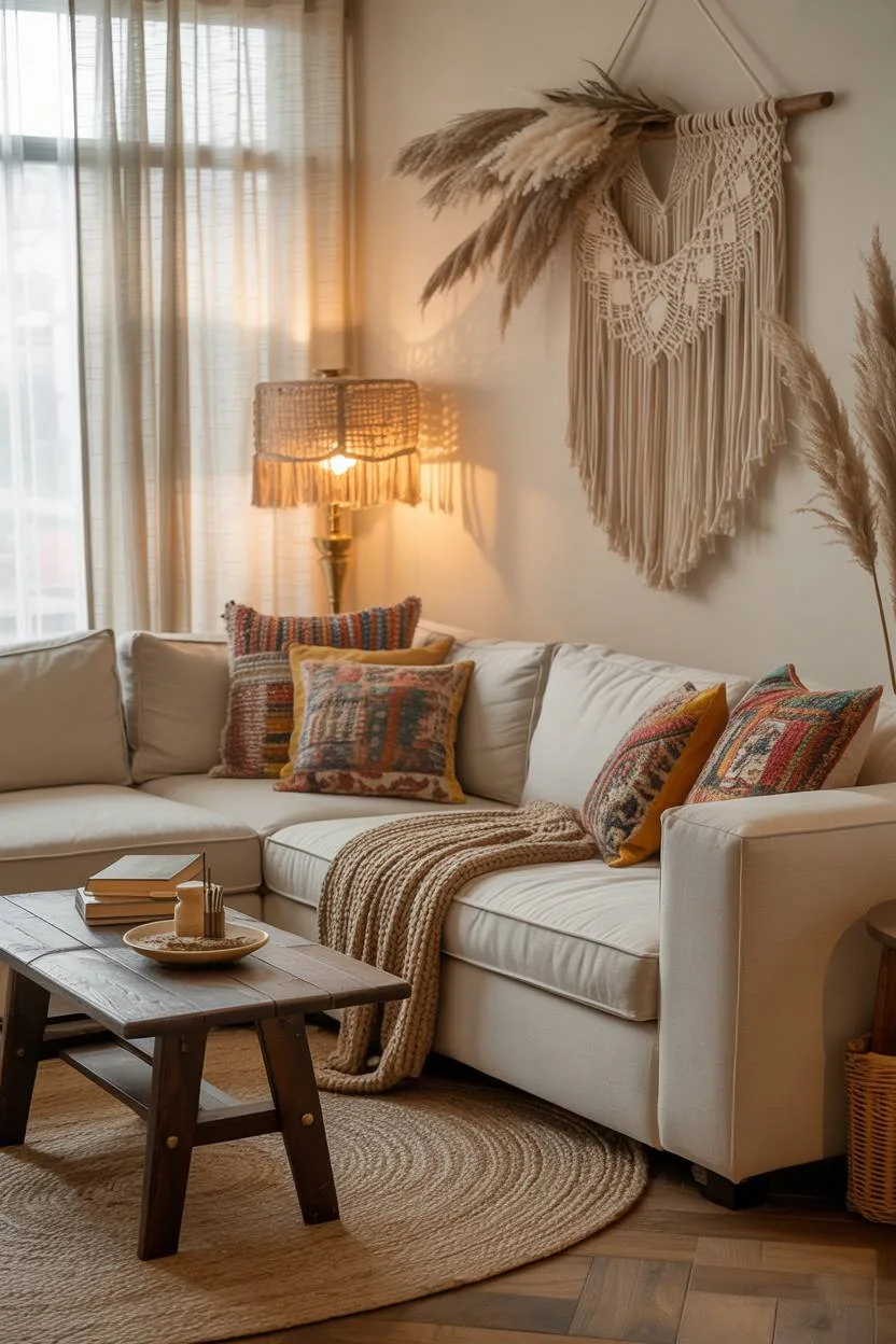 27 Boho Chic Living Room Ideas to Transform Your Space 6 Cream sectional sofa with macrame wall hanging and dried pampas grass