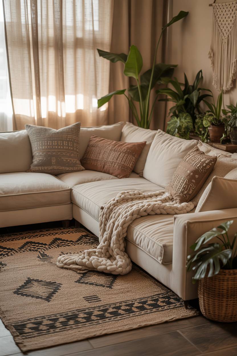 27 Boho Chic Living Room Ideas to Transform Your Space 7 Sectional sofa on geometric patterned rug with plants and macrame