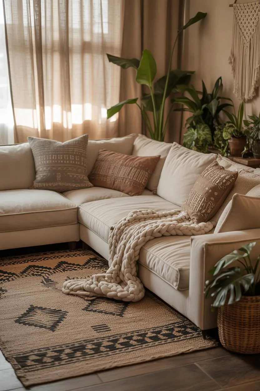 27 Boho Chic Living Room Ideas to Transform Your Space 7 Sectional sofa on geometric patterned rug with plants and macrame
