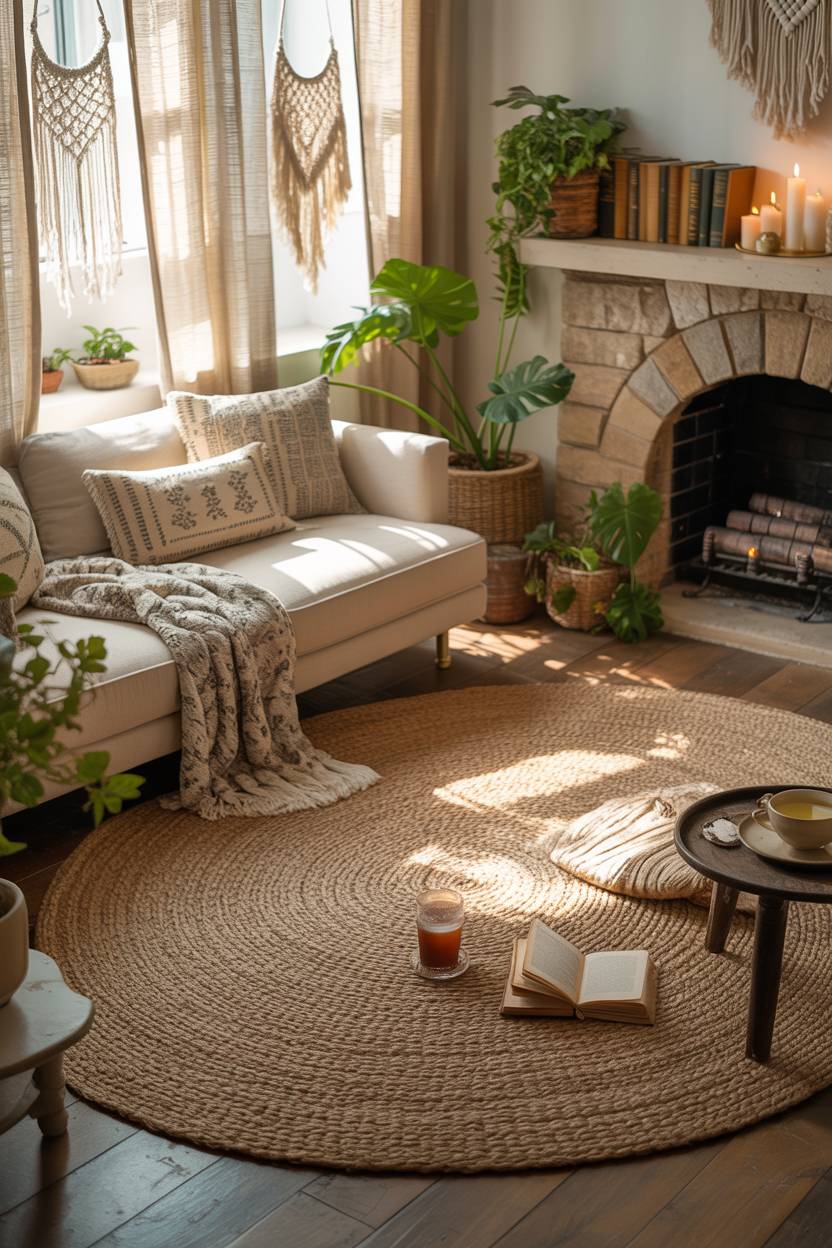 27 Boho Chic Living Room Ideas to Transform Your Space 8 Cream sofa facing stone fireplace with vintage books and candles