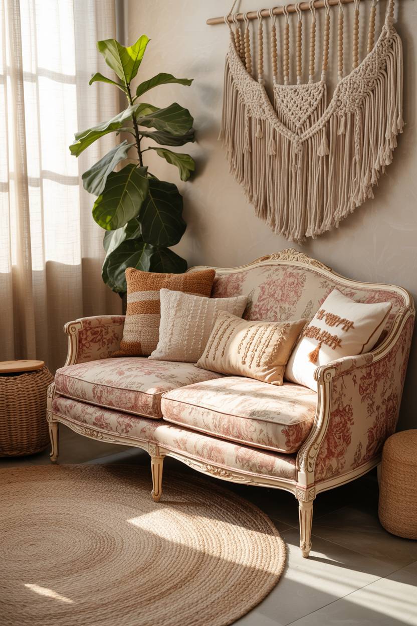 27 Boho Chic Living Room Ideas to Transform Your Space 9 Floral patterned loveseat with macrame wall hanging and fiddle-leaf fig