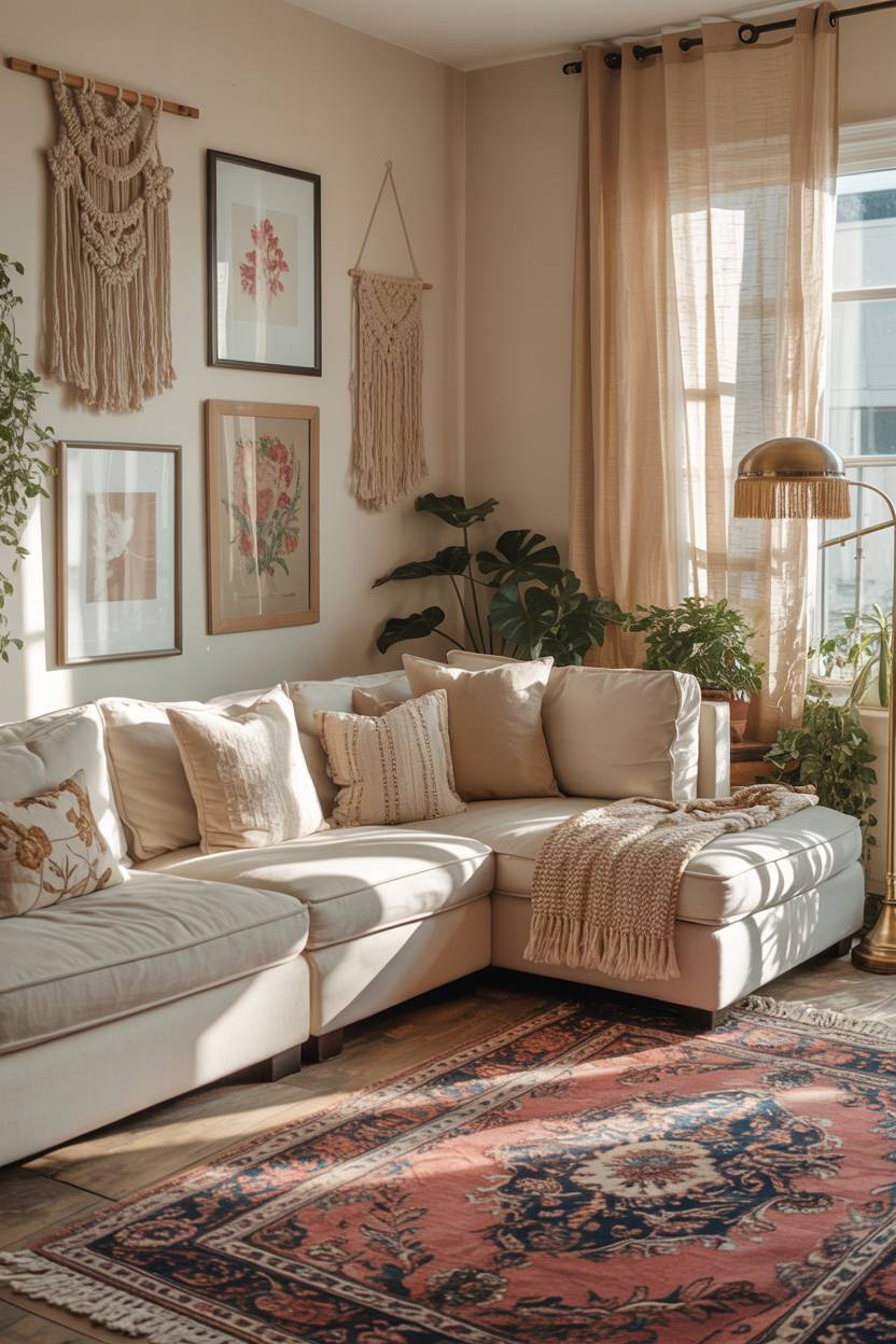 27 Boho Chic Living Room Ideas to Transform Your Space 10 Large sectional with gallery wall of macrame and floral prints