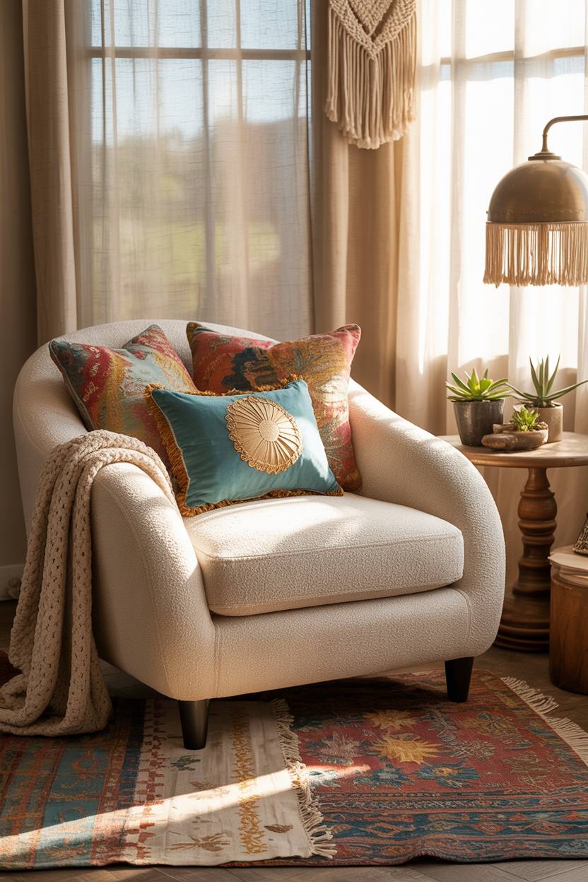 27 Boho Chic Living Room Ideas to Transform Your Space 11 Oversized armchair with turquoise, coral, and gold pillows on layered kilim rugs