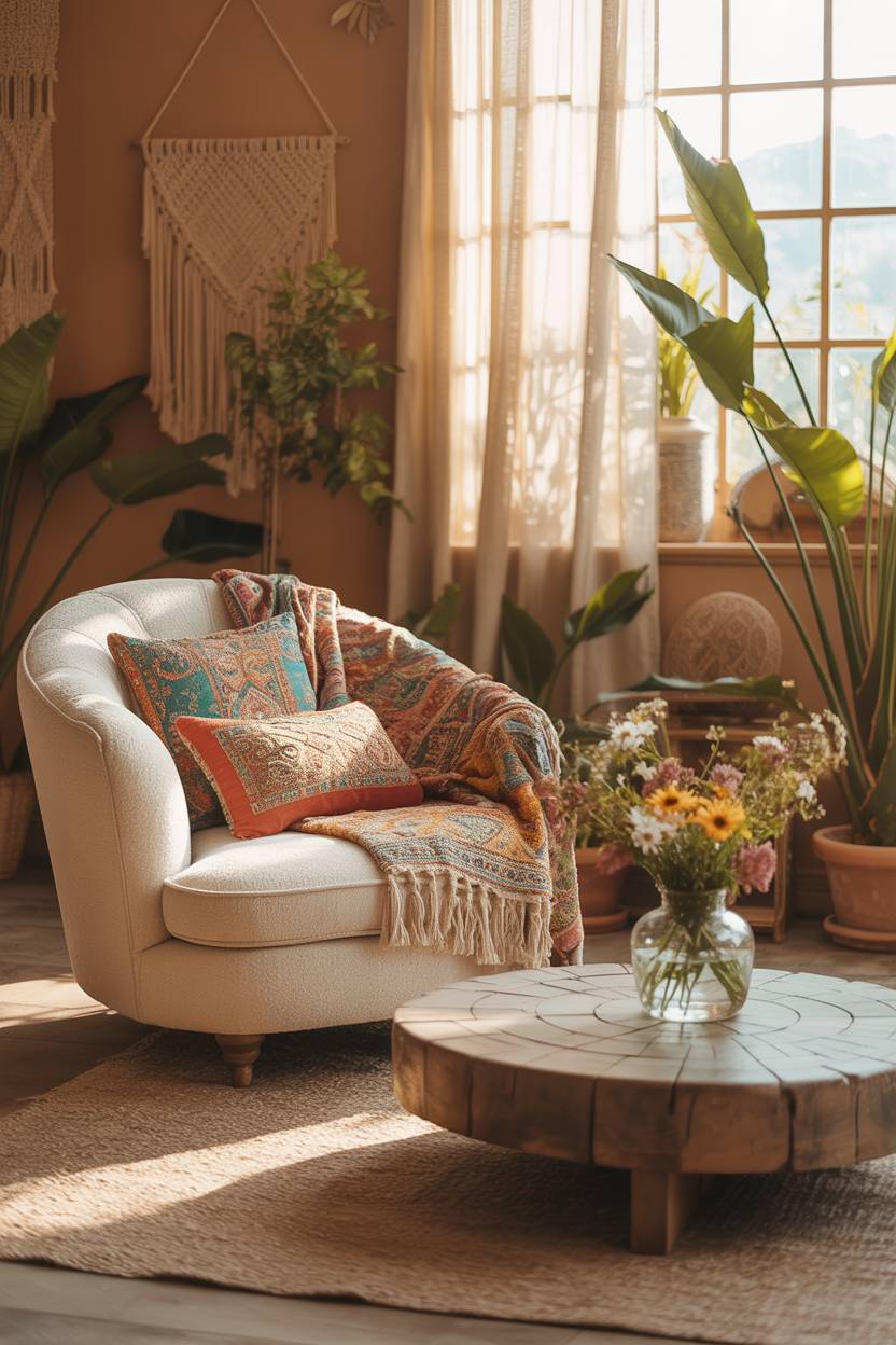 27 Boho Chic Living Room Ideas to Transform Your Space 12 Cream armchair against terracotta walls with reclaimed wood coffee table