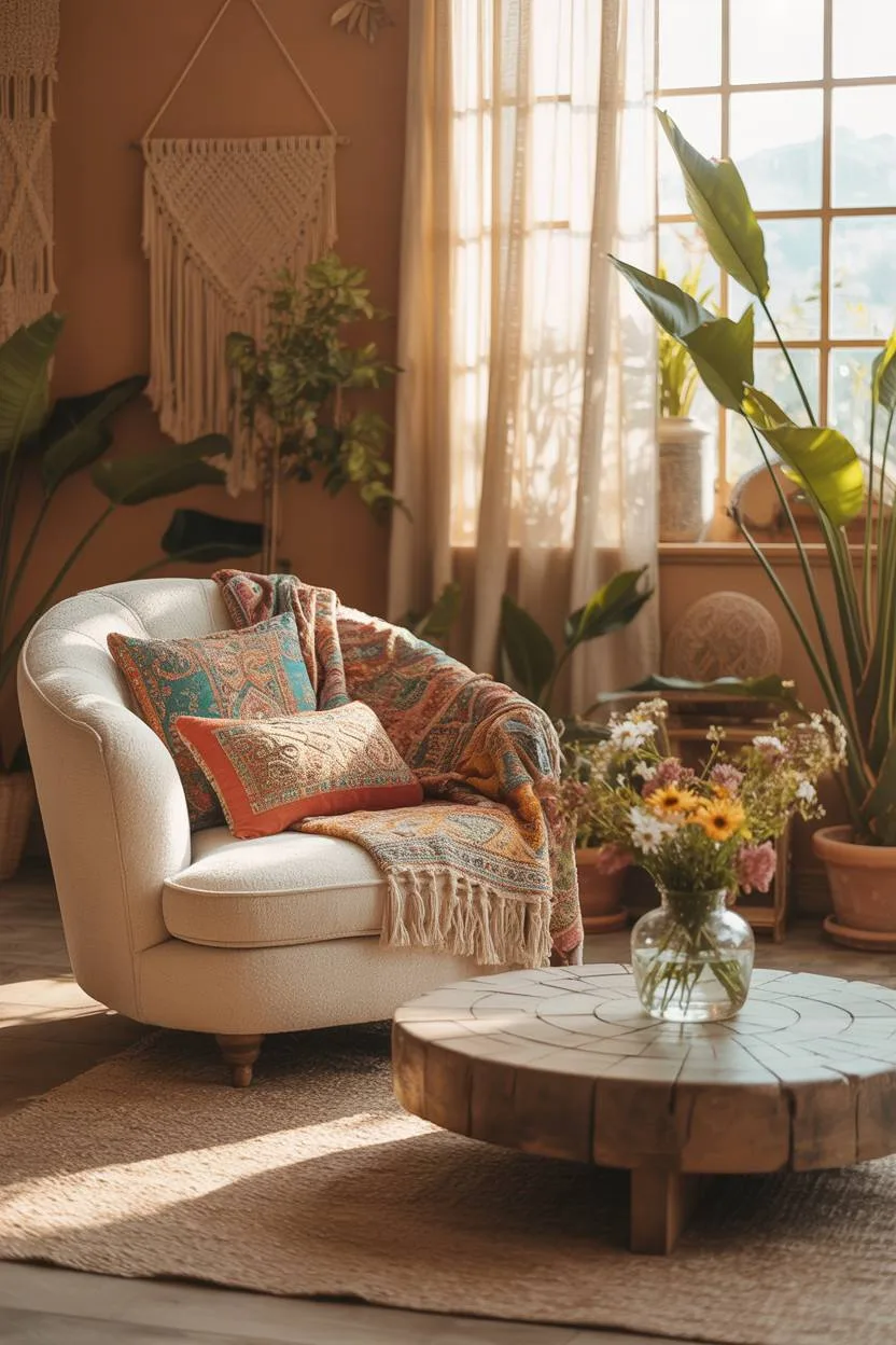 27 Boho Chic Living Room Ideas to Transform Your Space 12 Cream armchair against terracotta walls with reclaimed wood coffee table