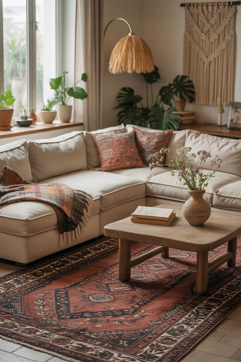 27 Boho Chic Living Room Ideas to Transform Your Space 13 Large sectional on vintage Persian rug with macrame and plants