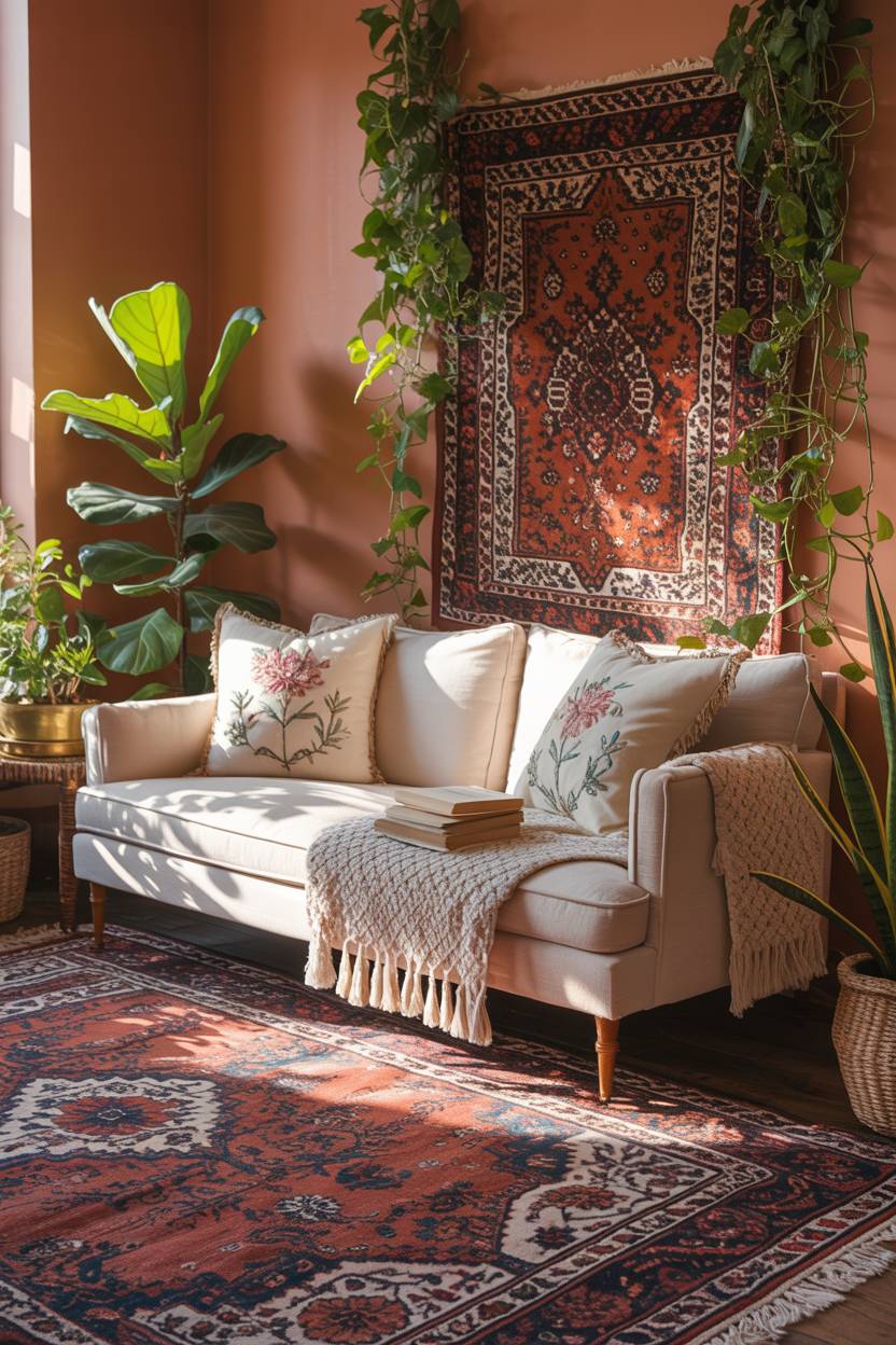 27 Boho Chic Living Room Ideas to Transform Your Space 14 Cream sofa with embroidered floral pillows against terracotta walls