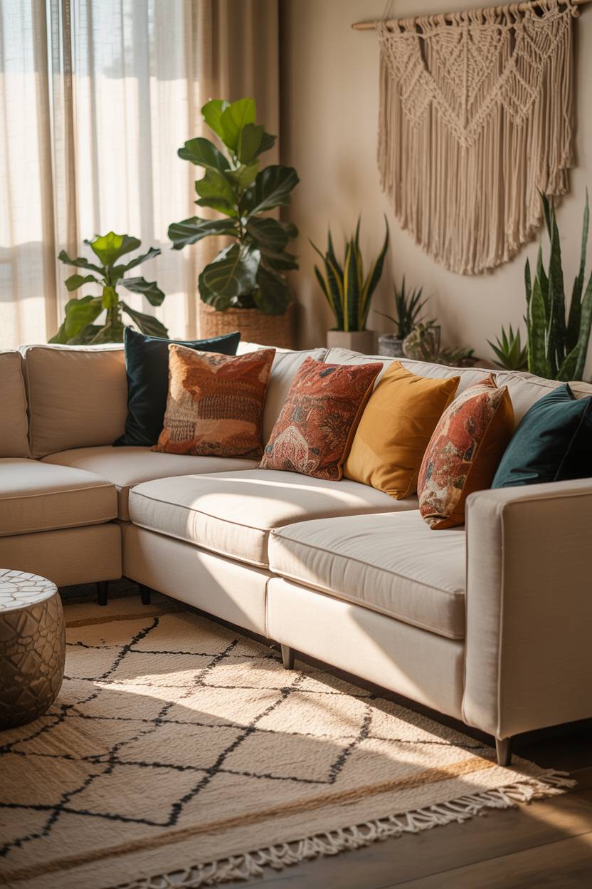27 Boho Chic Living Room Ideas to Transform Your Space 15 Large sectional with terracotta, mustard yellow, and teal pillows