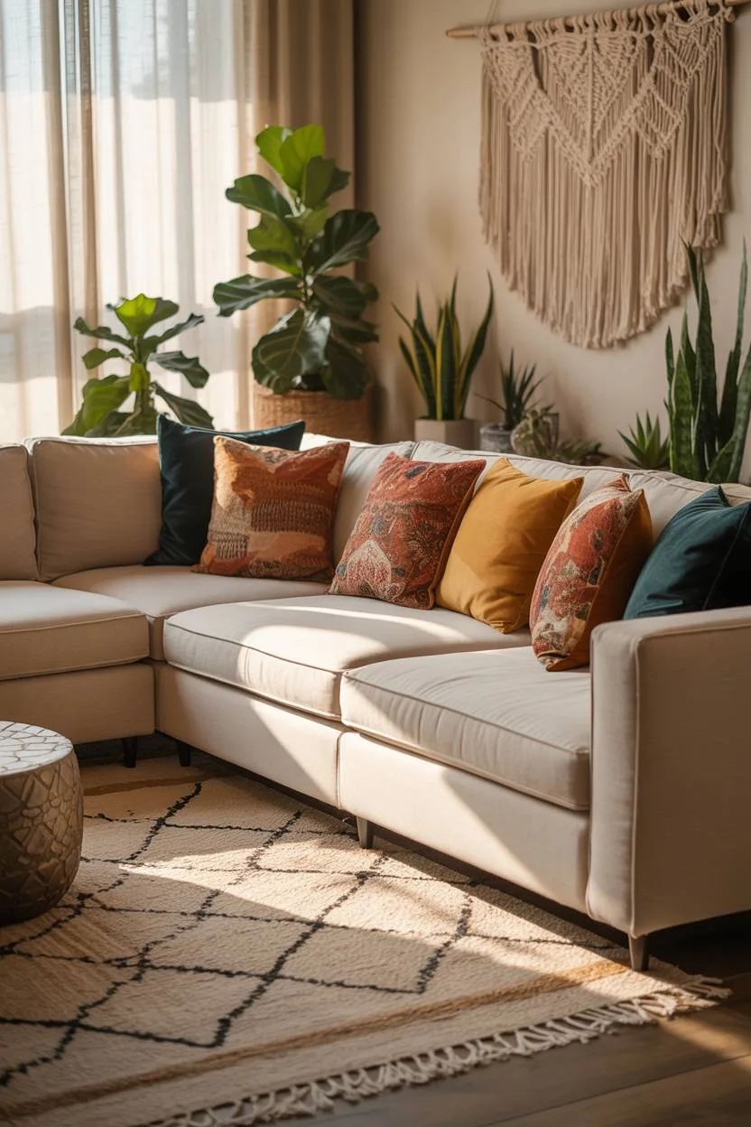 27 Boho Chic Living Room Ideas to Transform Your Space 15 Large sectional with terracotta, mustard yellow, and teal pillows