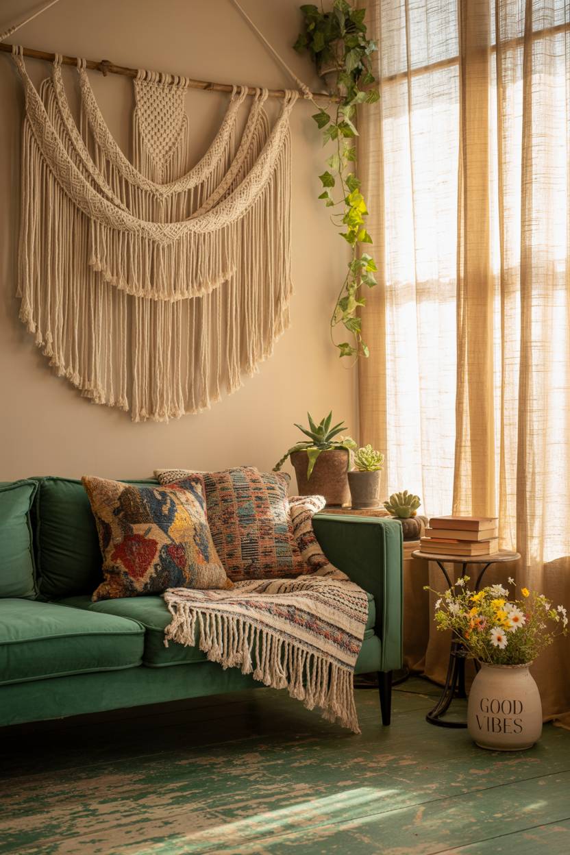 27 Boho Chic Living Room Ideas to Transform Your Space 16 Emerald green velvet sofa with cream macrame wall hanging