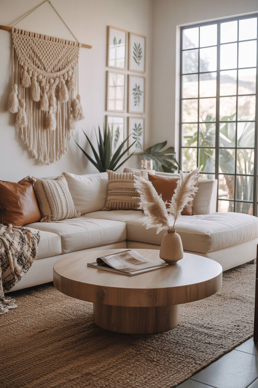 27 Boho Chic Living Room Ideas to Transform Your Space 17 Modern sectional with macrame wall hanging and botanical gallery wall