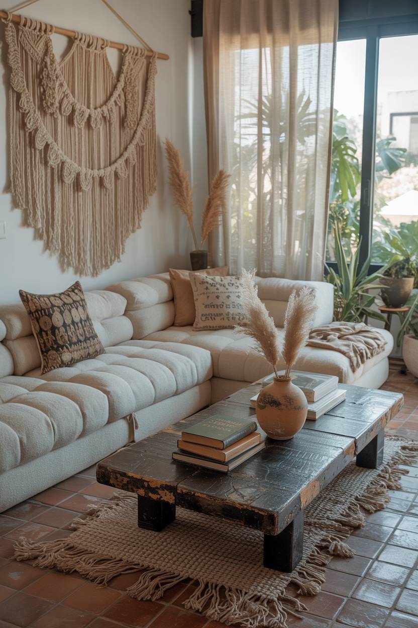 27 Boho Chic Living Room Ideas to Transform Your Space 18 Sectional sofa with large macrame wall hanging
