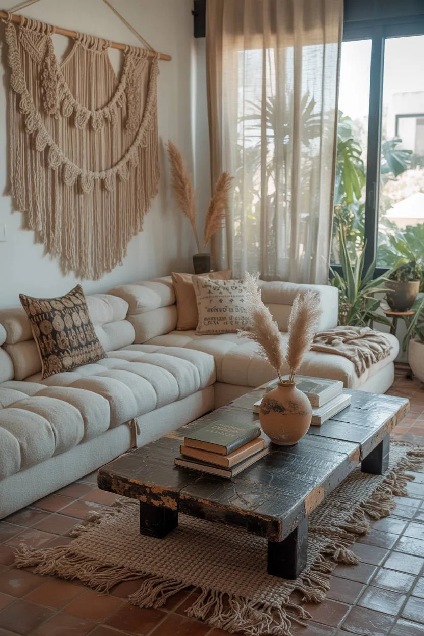 27 Boho Chic Living Room Ideas to Transform Your Space 18 Sectional sofa with large macrame wall hanging
