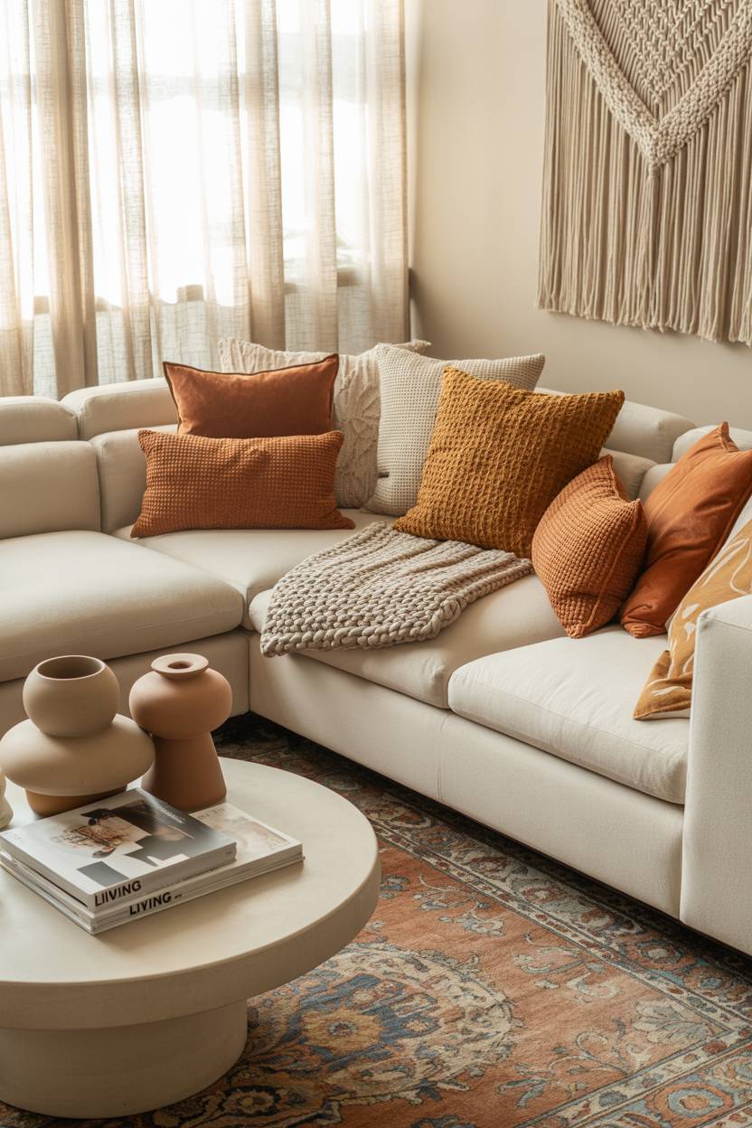27 Boho Chic Living Room Ideas to Transform Your Space 19 Oversized cream sofa with circular coffee table and ceramic vases