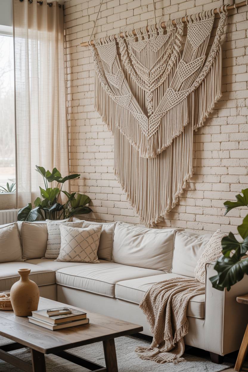 27 Boho Chic Living Room Ideas to Transform Your Space 20 Large macrame wall hanging with intricate knot patterns on brick wall