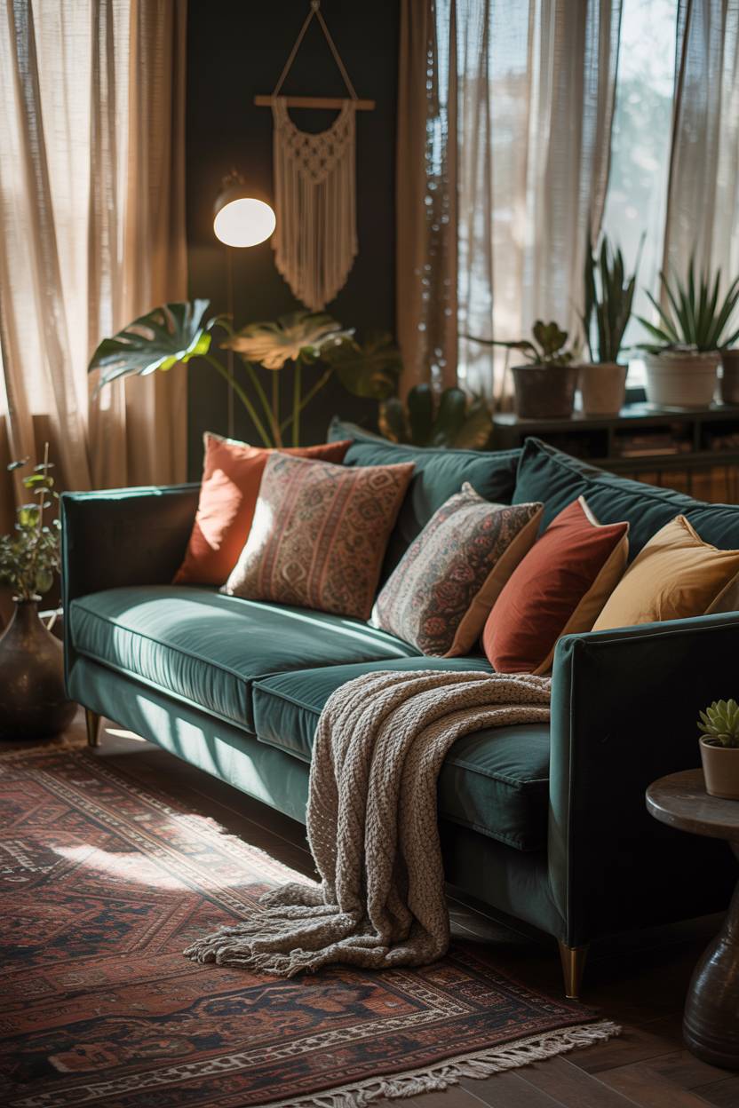 27 Boho Chic Living Room Ideas to Transform Your Space 21 Deep emerald velvet sofa in dark boho setting with ambient lighting