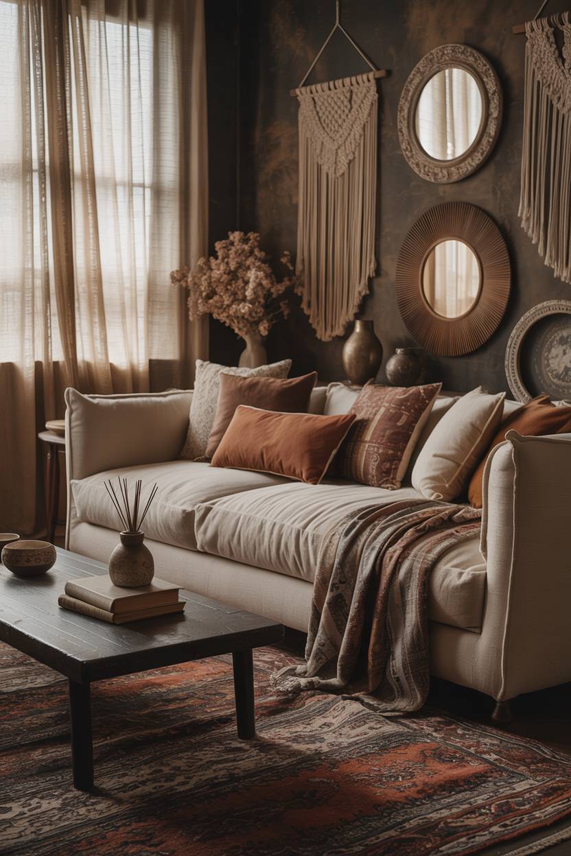 27 Boho Chic Living Room Ideas to Transform Your Space 22 Cream sofa with textured wall featuring macrame and antique mirrors
