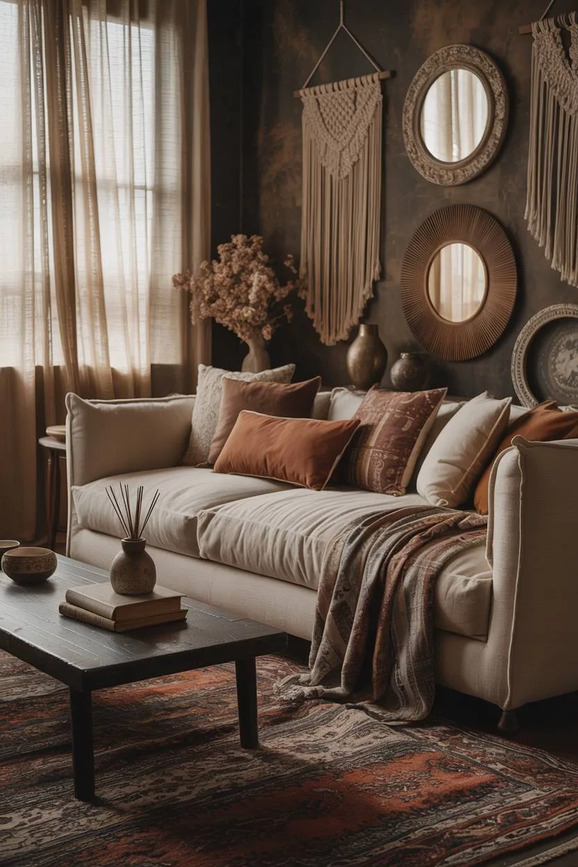 27 Boho Chic Living Room Ideas to Transform Your Space 22 Cream sofa with textured wall featuring macrame and antique mirrors