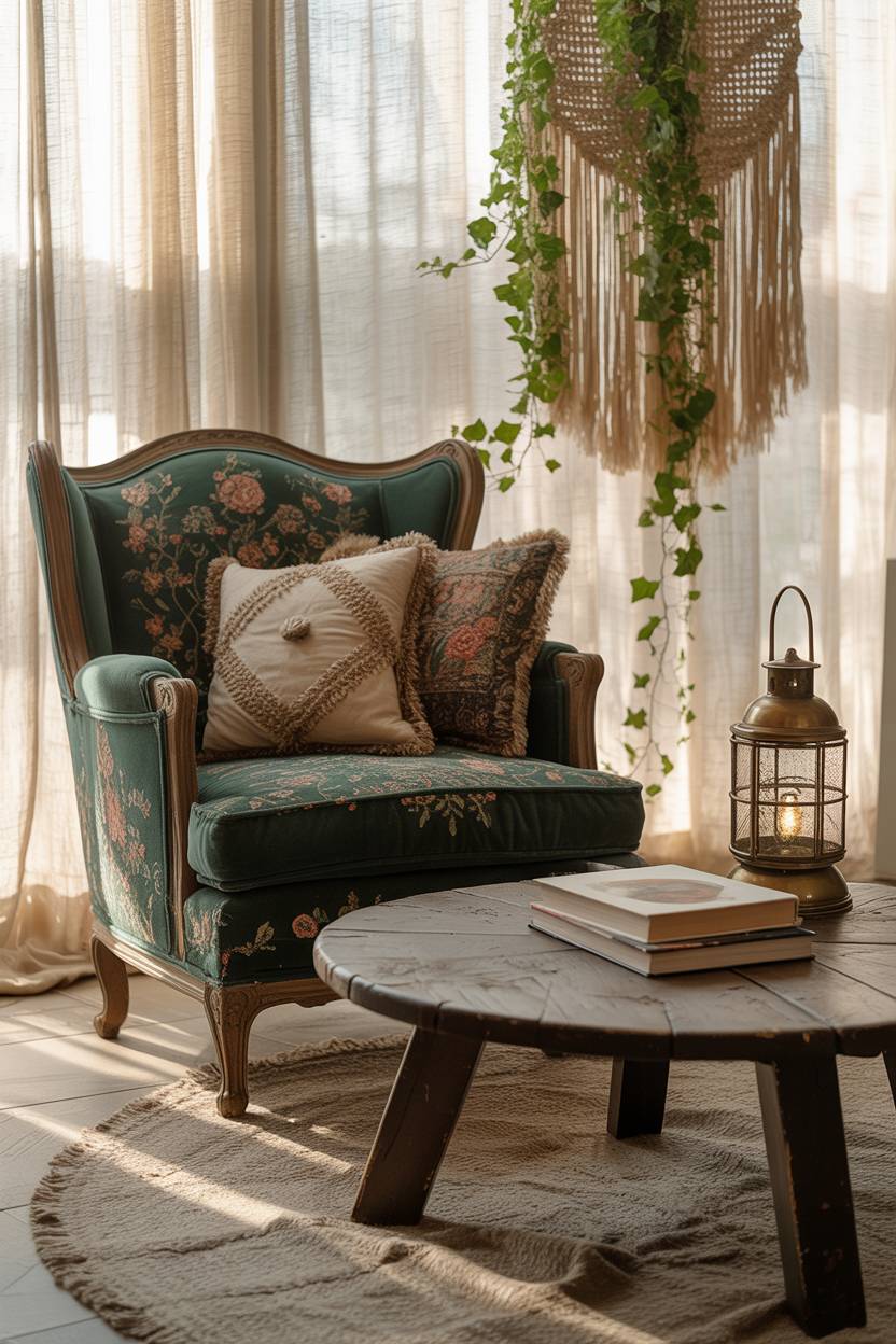 27 Boho Chic Living Room Ideas to Transform Your Space 23 Deep emerald velvet armchair with brass lantern and trailing ivy