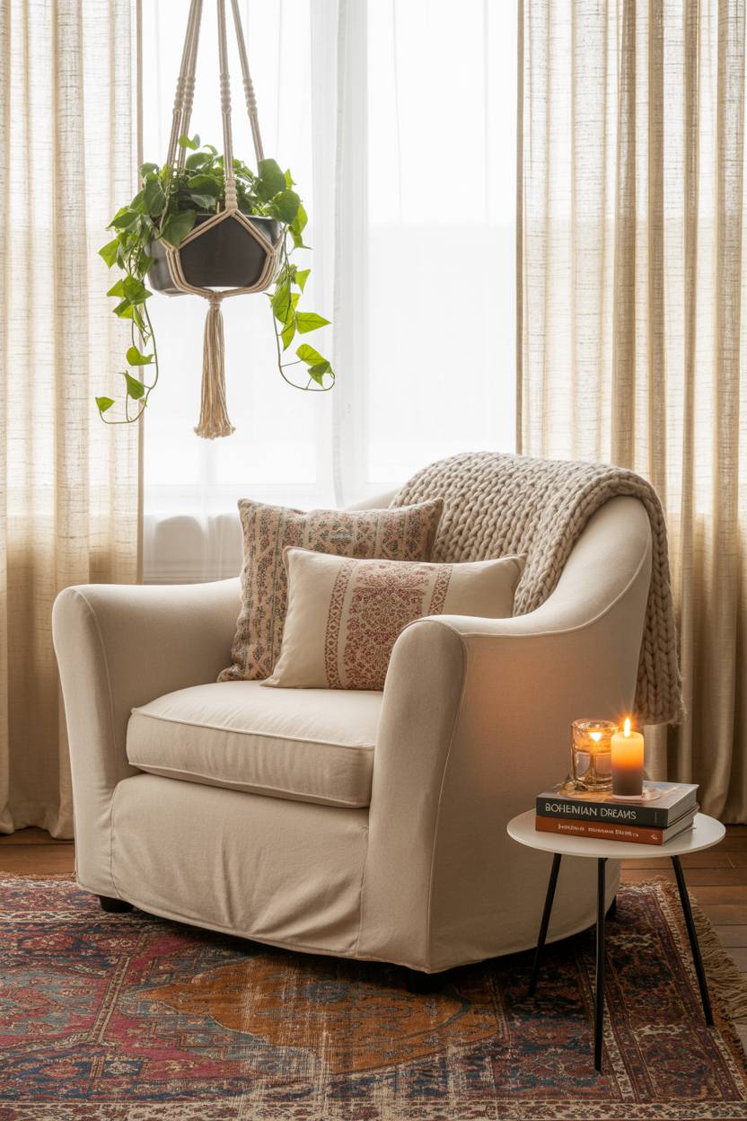 27 Boho Chic Living Room Ideas to Transform Your Space 24 Cream armchair with hanging macrame plant holder and trailing ivy