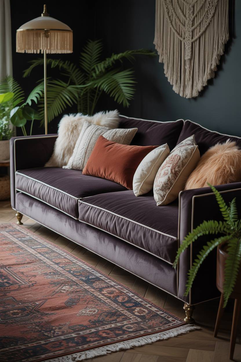 27 Boho Chic Living Room Ideas to Transform Your Space 25 Deep charcoal velvet sofa with textured pillows and fringed floor lamp