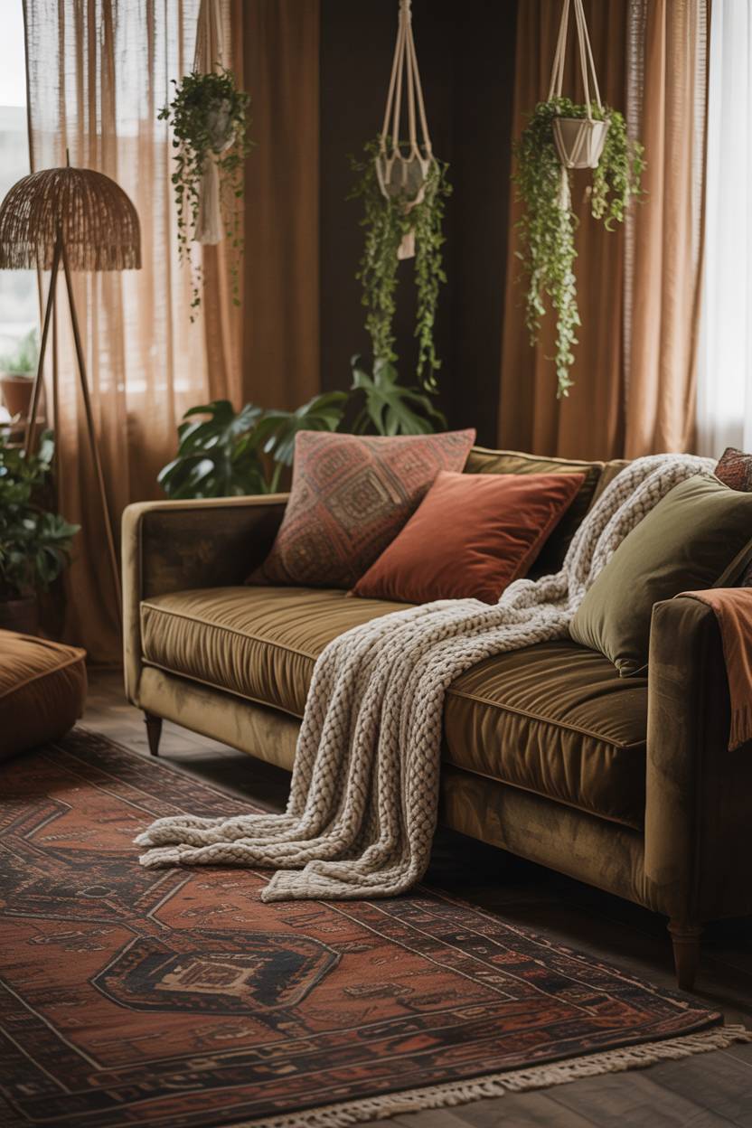 27 Boho Chic Living Room Ideas to Transform Your Space 26 Velvet couch with woven lampshade and macrame plant hangers
