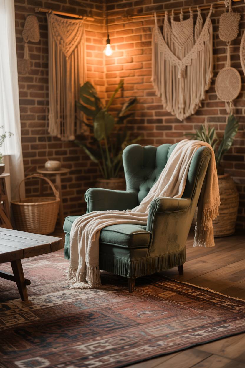 27 Boho Chic Living Room Ideas to Transform Your Space 27 Emerald velvet armchair with exposed brick walls and Edison bulb lighting