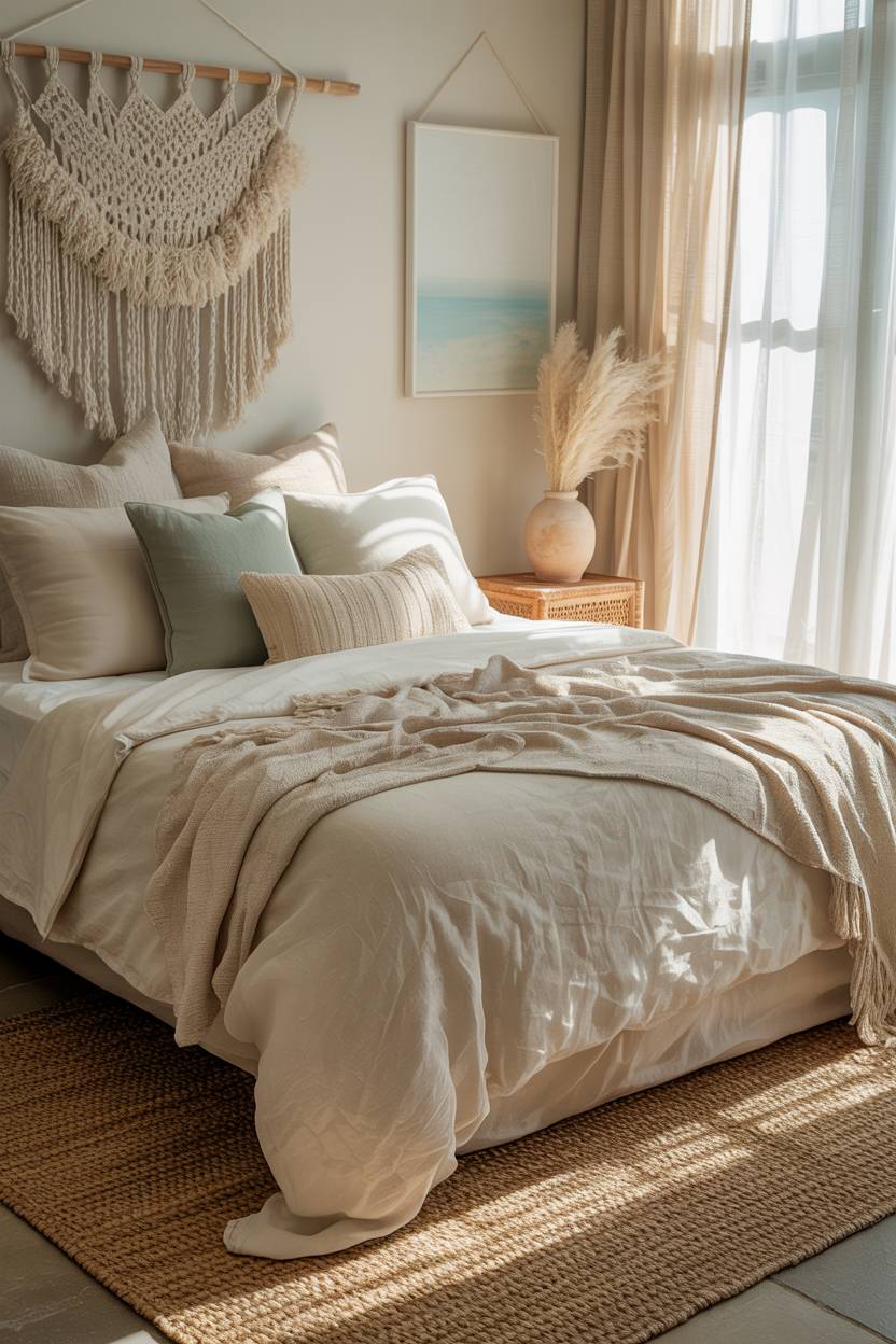 22 Boho Coastal Bedroom Ideas for a Breezy, Chic Retreat 1 A serene boho coastal bedroom with cream-colored bedding and seafoam green accents