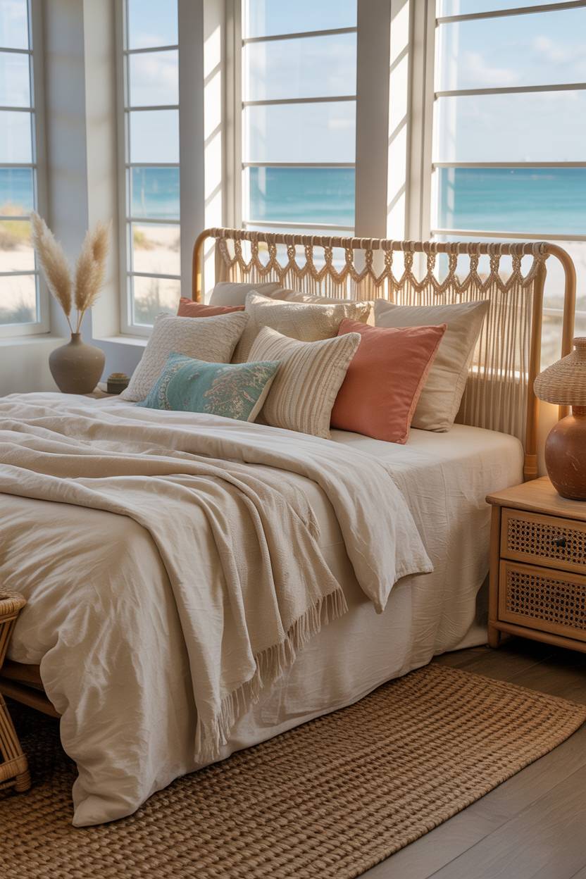 22 Boho Coastal Bedroom Ideas for a Breezy, Chic Retreat 2 A king-size bed in a light-filled coastal boho bedroom with ocean views