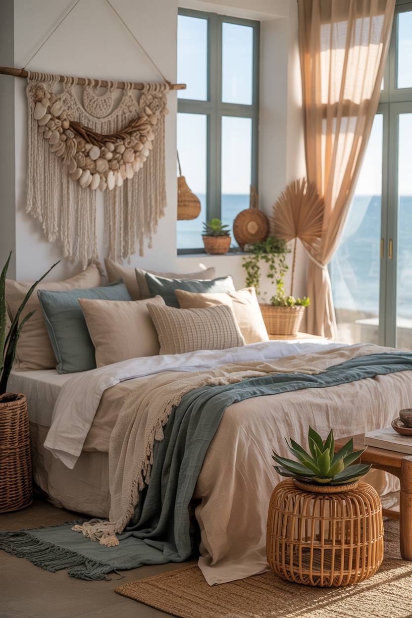 22 Boho Coastal Bedroom Ideas for a Breezy, Chic Retreat 3 A boho coastal bedroom with macrame wall hanging featuring seashells and driftwood