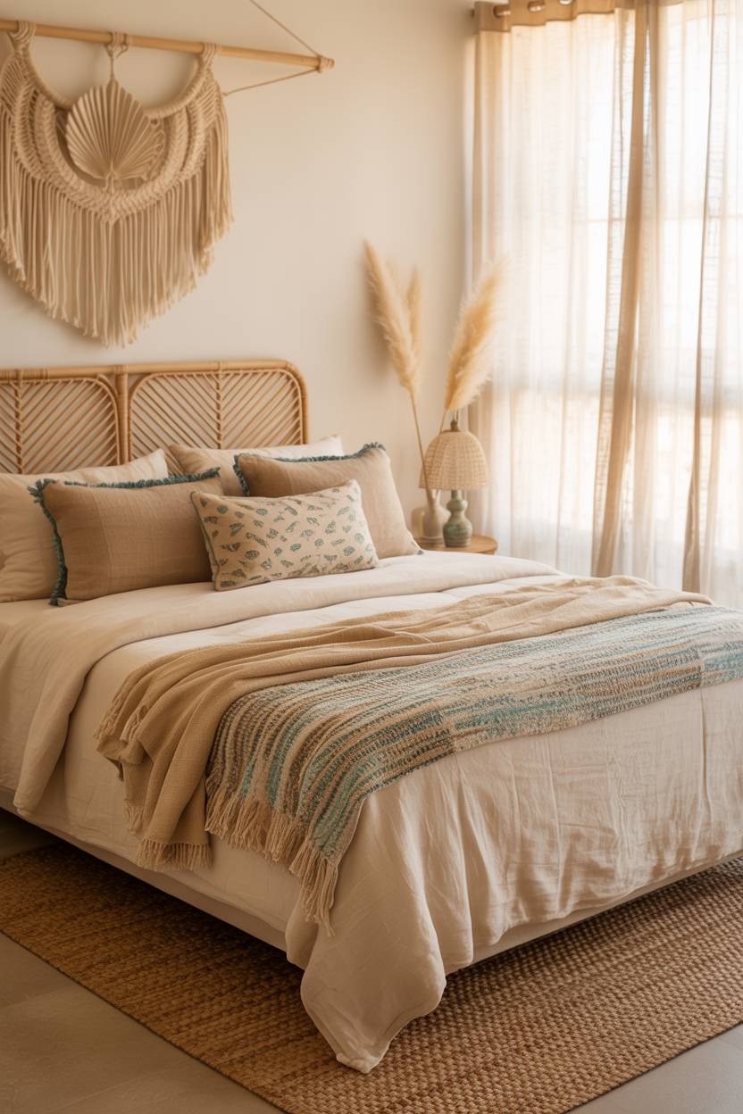 22 Boho Coastal Bedroom Ideas for a Breezy, Chic Retreat 4 A serene bedroom with turquoise accents and seashell-patterned throw pillows