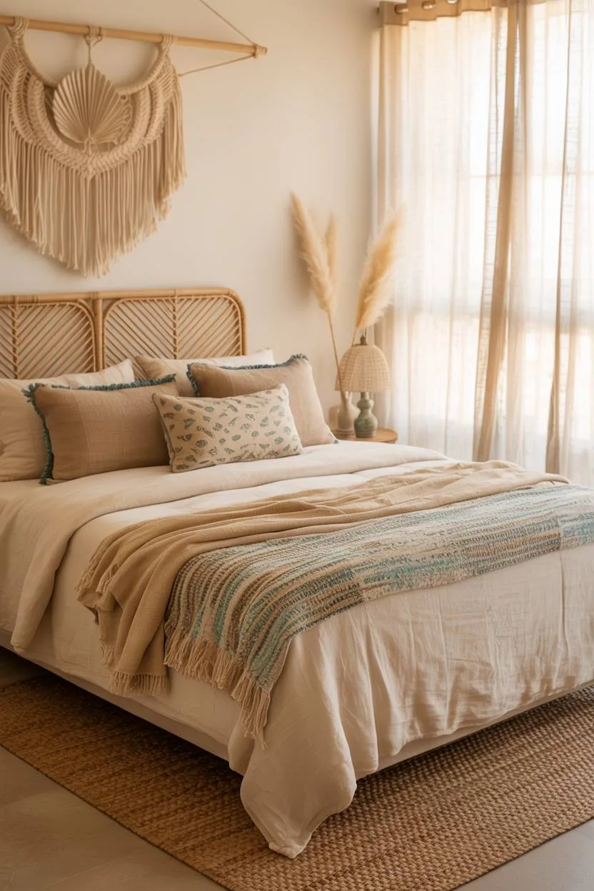 A serene bedroom with turquoise accents and seashell-patterned throw pillows