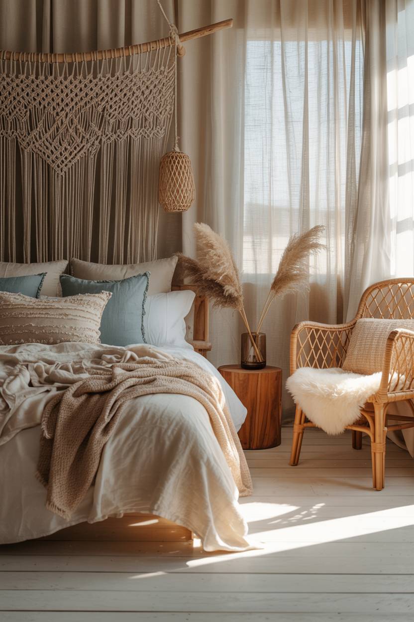 22 Boho Coastal Bedroom Ideas for a Breezy, Chic Retreat 5 A coastal bedroom with an intricate macrame headboard and muted blue accents