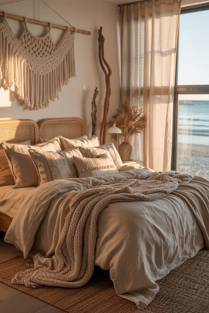 22 Boho Coastal Bedroom Ideas for a Breezy, Chic Retreat 6 A boho coastal bedroom with chunky knit blanket and driftwood sculptures