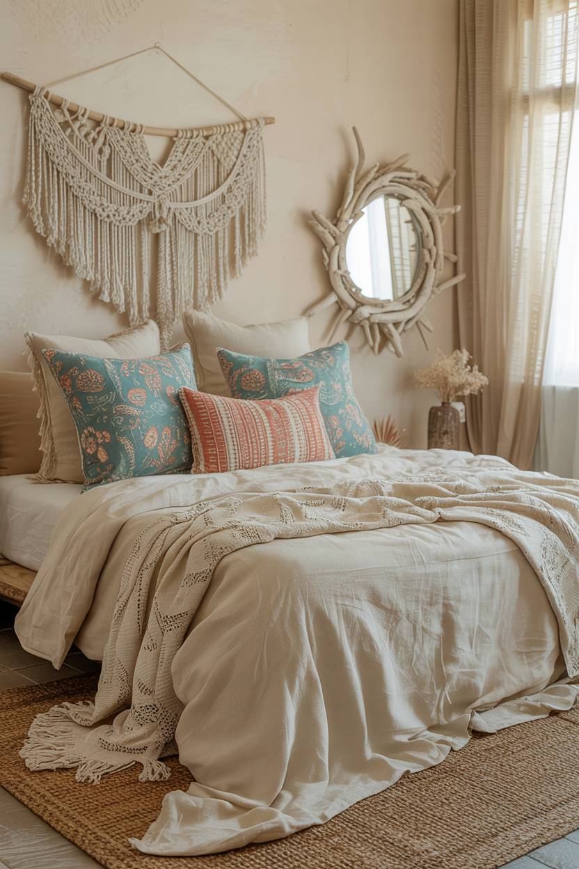 22 Boho Coastal Bedroom Ideas for a Breezy, Chic Retreat 7 A boho coastal bedroom with turquoise, coral, and sand-colored pillows