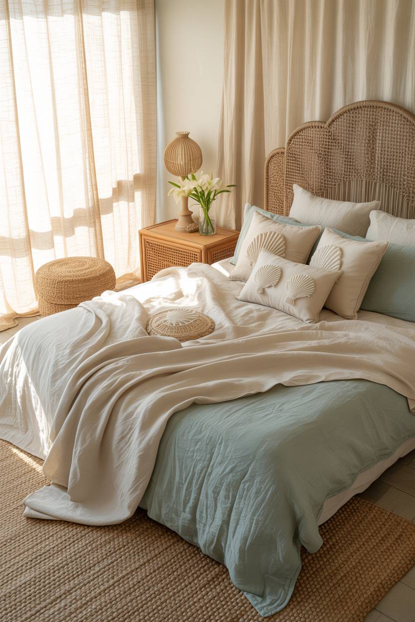 22 Boho Coastal Bedroom Ideas for a Breezy, Chic Retreat 8 A luxurious boho-coastal bedroom with seafoam green bedding and seashell accents